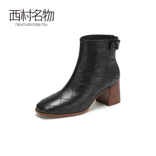 西村名物2020冬季新款短靴女皮质粗跟气质格纹高跟时装靴T20DS40971 商品图0