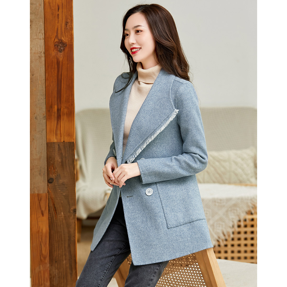 《沫晗依美#冬季新品》双排扣磨毛双面呢时尚百搭气质翻领双口袋大衣