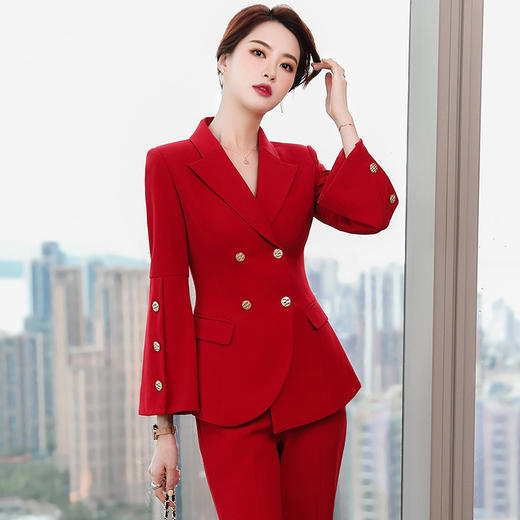 sjp 红色职业套装时尚西装新款秋冬女韩版气质女神范主持人西服两件套