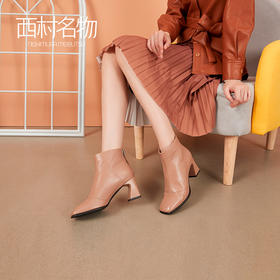 西村名物2020冬季新款女时装靴鹿皮革净版粗跟时尚休闲短靴T20DS41561