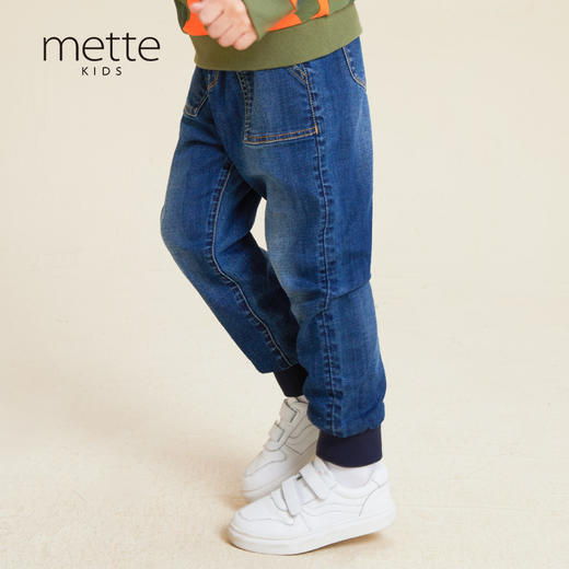 METTE童装中大童男加厚加绒水洗牛仔裤小直筒保暖松紧腰休闲裤子 商品图0