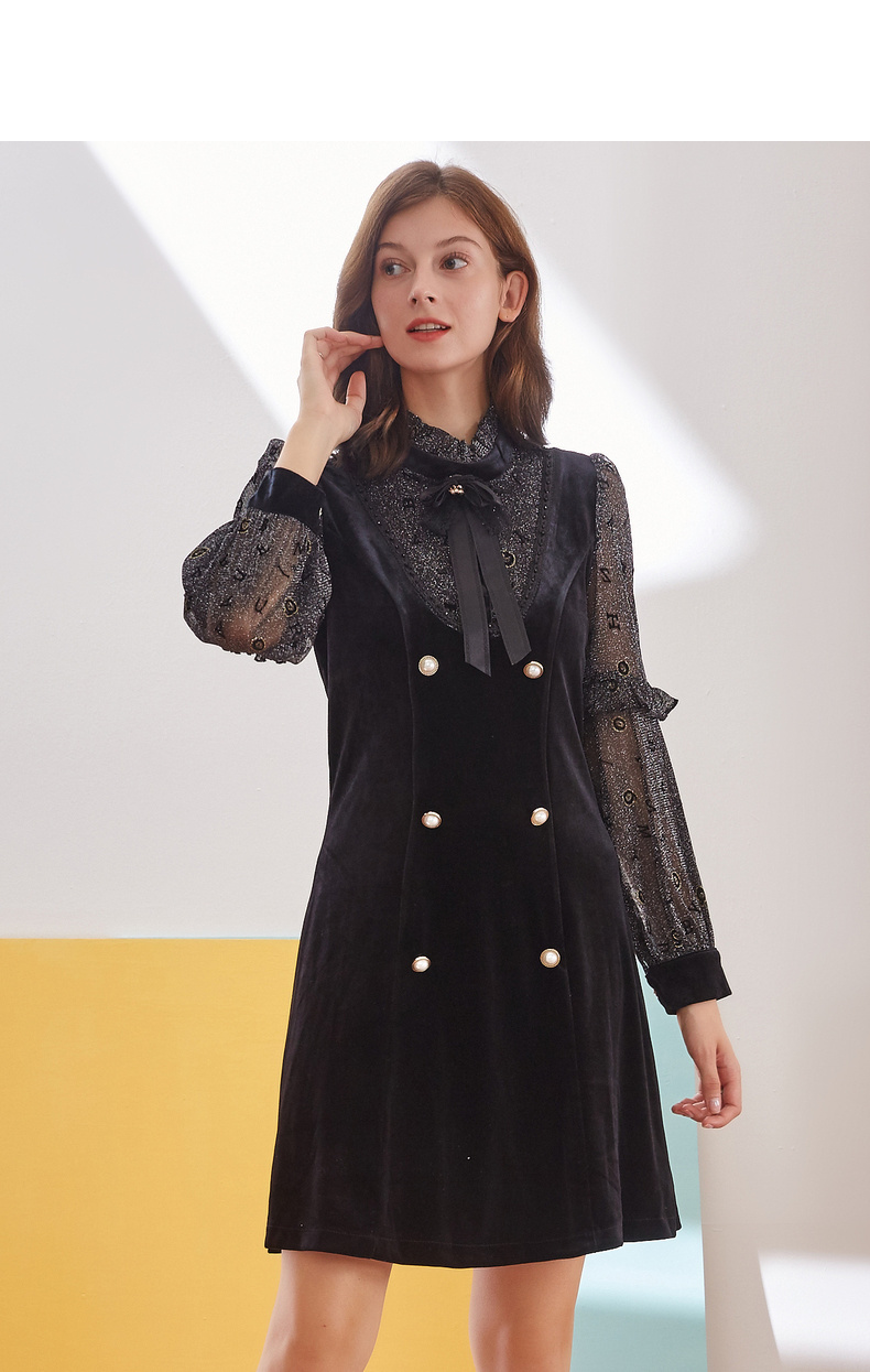 104322125诺曼琦2020新款秋冬拼接假两件显瘦法式复古高贵洋气金丝绒