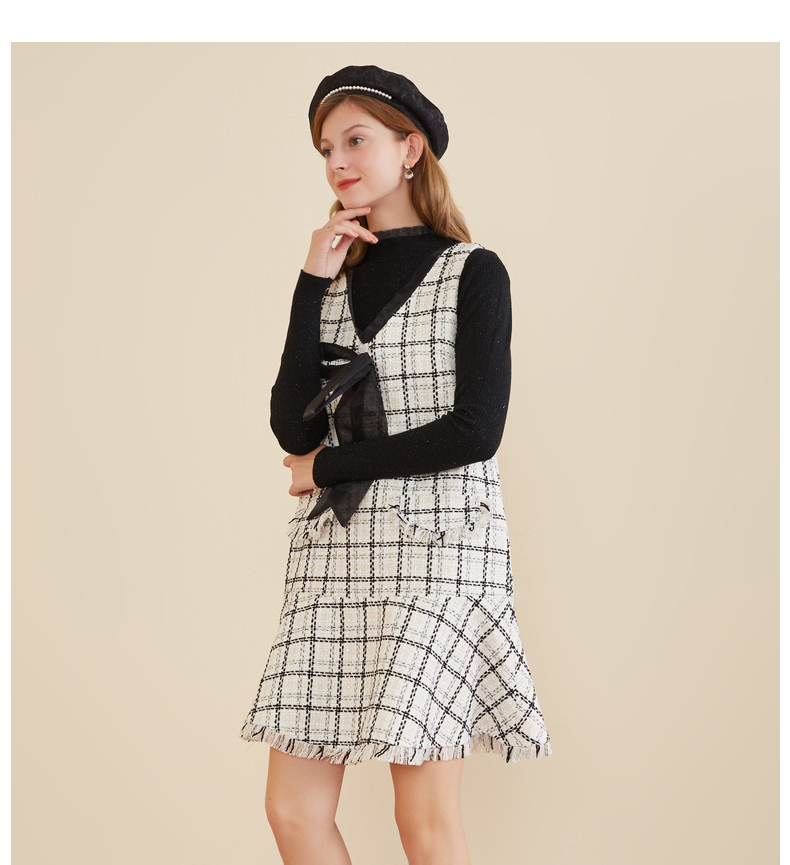 504322126诺曼琦女装新款2020爆款格子无袖气质法式小香风背心连衣裙