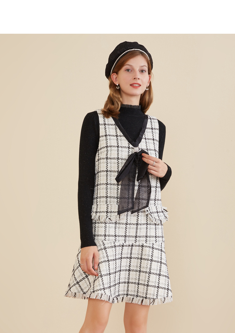 504322126诺曼琦女装新款2020爆款格子无袖气质法式小香风背心连衣裙