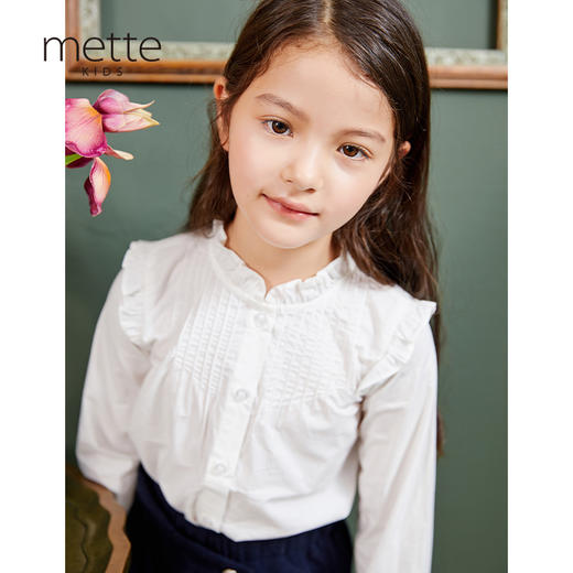 METTE童装2020秋新品女童白色长袖衬衫时尚荷叶边纯棉开衫薄上衣 商品图1