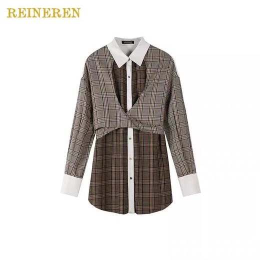 假两件围裹格纹拼接绑带衬衫 商品图1