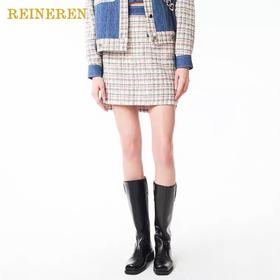 牛仔拼接格纹短裙