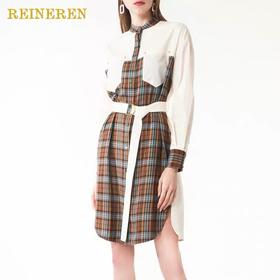 格纹拼接收腰连衣裙