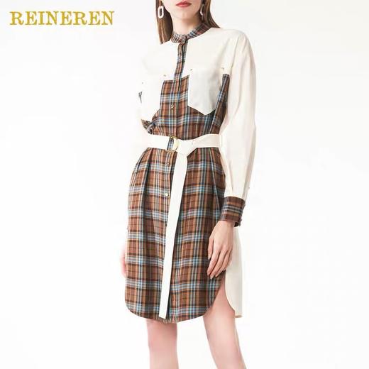 格纹拼接收腰连衣裙 商品图0