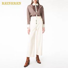 假两件围裹格纹拼接绑带衬衫