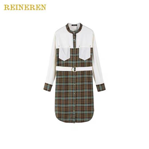 格纹拼接收腰连衣裙 商品图1