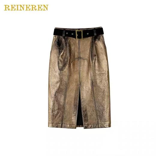 古铜金定染绵羊皮开衩半裙 商品图1