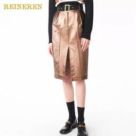 古铜金定染绵羊皮开衩半裙