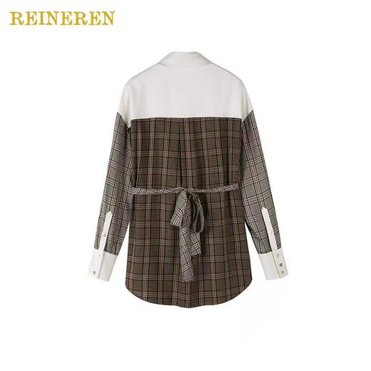 假两件围裹格纹拼接绑带衬衫 商品图2