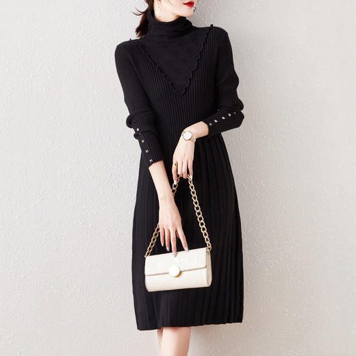 气质名媛风，纯色针织a字高领连衣裙DB897 商品图1
