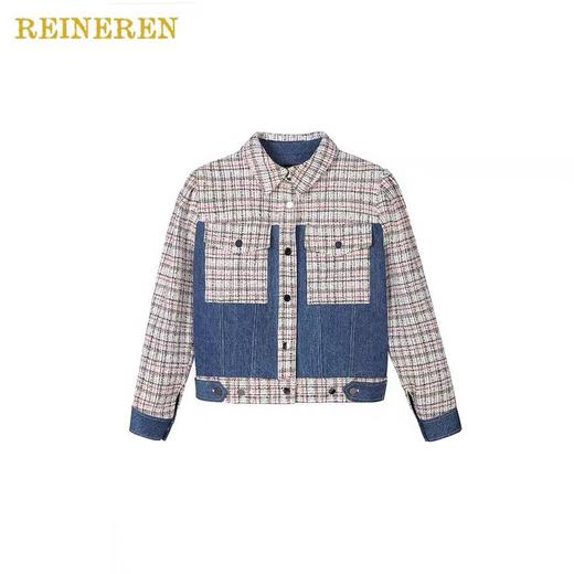 格纹拼接牛仔夹克 商品图1