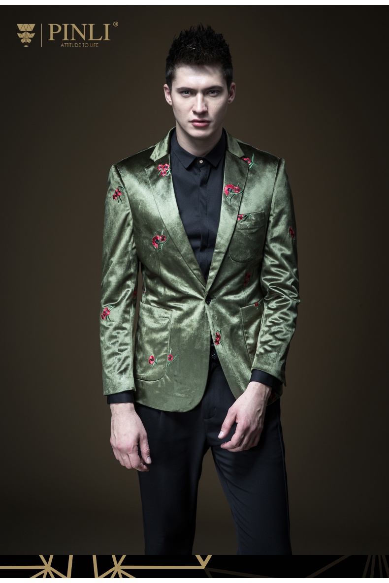 pinli品立秋季新款男装西服修身丝绒绣花西装外套b183606612