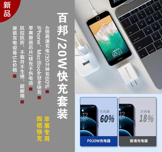 【百邦 / 20W强悍4倍快充】30分钟充电高达60%，3C认证的快充头，苹果原装芯片，适用iPhone8以上机型！ 商品图0
