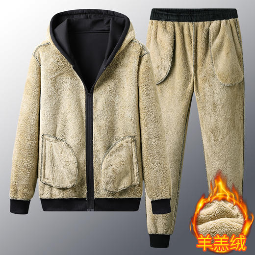 羊羔绒休闲运动两件套爷爷秋冬季跑步健身服中老年加绒保暖套装男 商品图1