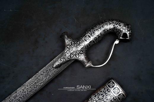 三希堂 中亚系列 大马兽首错银弯刀