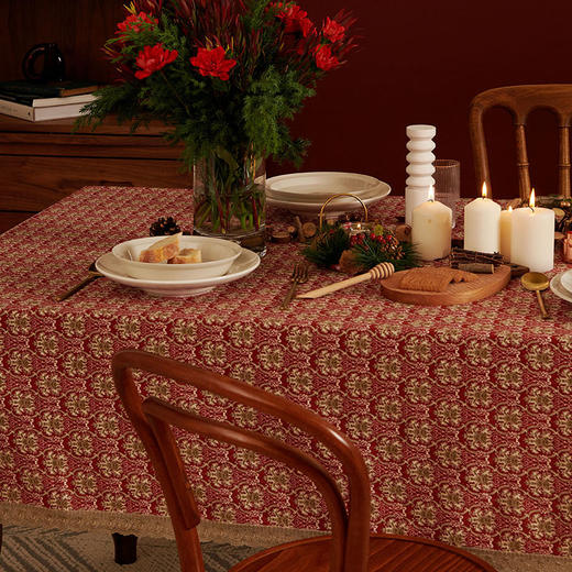 红色节日新年圣诞方桌布蕾丝边餐桌布艺 商品图0