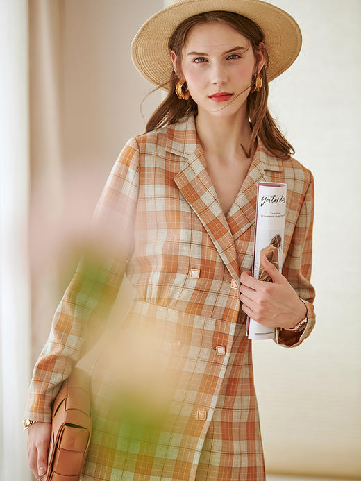 欧芮儿西格子连衣裙女新品复古优雅收腰显瘦中长款裙子 商品图1