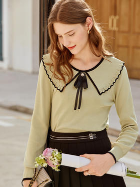 欧芮儿复古大翻领套头针织衫新款牛油果绿打底衫内搭上衣