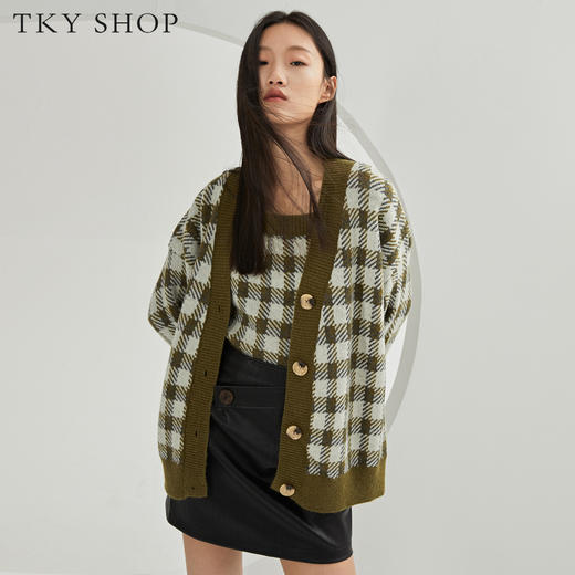 tkyshop女装格纹针织开衫两件套2020冬装新款宽松慵懒风上衣女