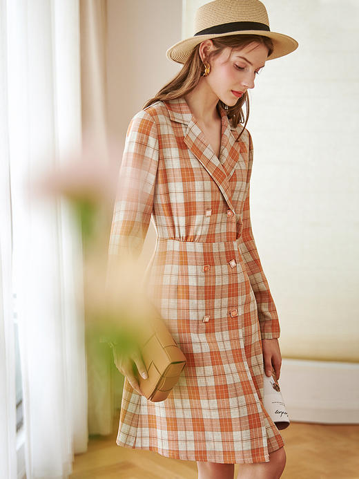 欧芮儿西格子连衣裙女新品复古优雅收腰显瘦中长款裙子 商品图0