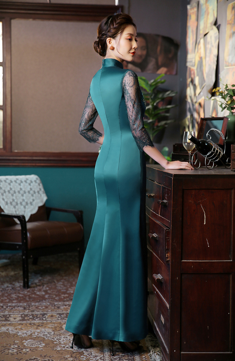 3167新款优雅气质修身立领七分袖拼接网纱绣花长款鱼尾摆高开叉礼服裙