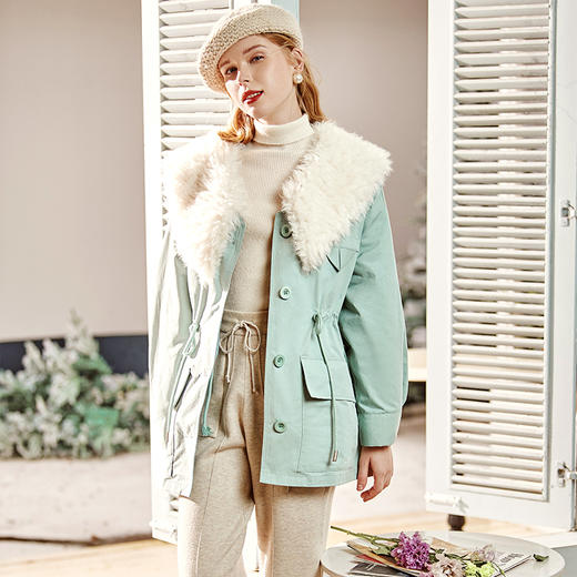 欧芮儿2021冬季新款可拆卸毛领抽绳收腰显瘦羽绒服女派克翻领外套 商品图2