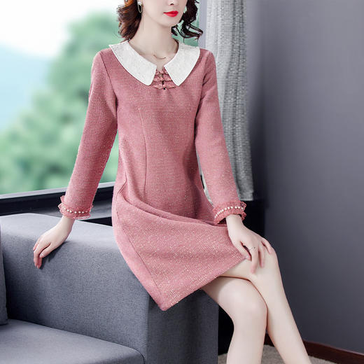 HT-6799秋冬新款气质显瘦粉色长袖毛呢连衣裙YY 商品图2