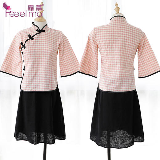 霏慕格子民国学生装七分袖复古制服套装蓝格子7964 商品图6