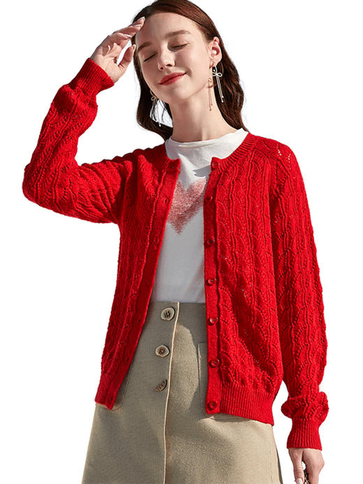 欧芮儿年春新款长袖开衫毛针织衫女宽松镂空红色毛衣内搭 商品图3