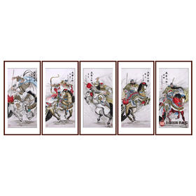 高云鹏《五虎上将》68cm*138cm*5 人物五条屏作品 玄关挂画