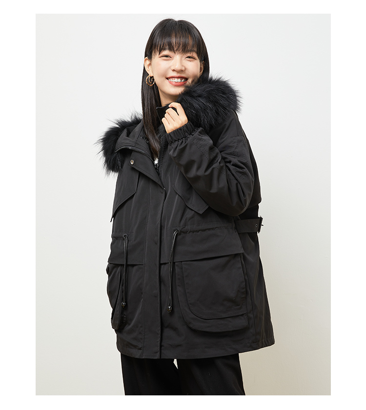 gcrues短款毛领羽绒服2020年新款冬韩版连帽黑色派克服收腰小个子g2d