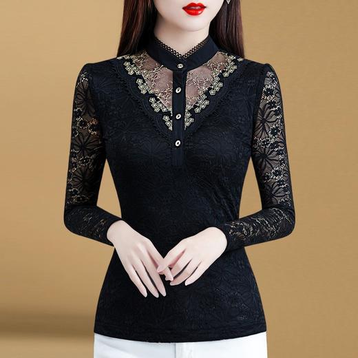 2020新款蕾丝女上衣薄款黑色修身加绒打底衫女长袖立领小衫 YX7028 商品图0