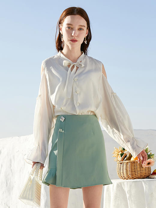 欧芮儿新款喇叭袖雪纺衬衫女白色衬衣露肩设计感小众上衣 商品图1