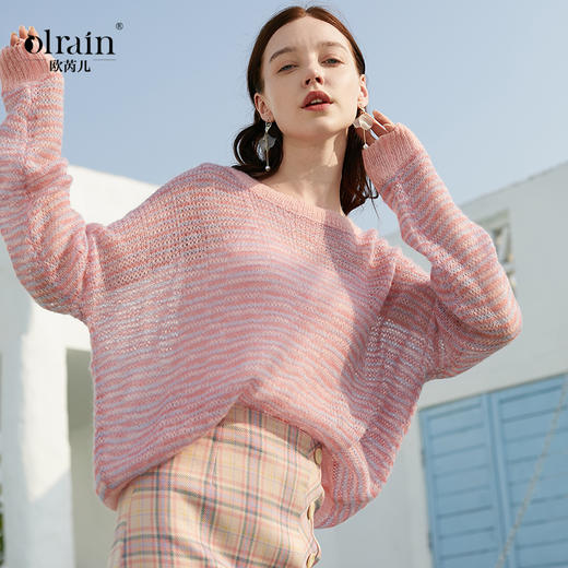 欧芮儿年春新款长袖慵懒风粉色毛衣女套头宽松内搭毛针织衫 商品图0