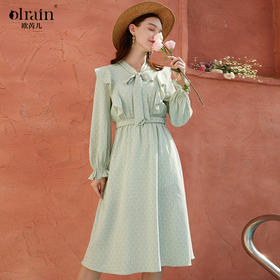 欧芮儿年春新款长袖蝴蝶结绿色印花连衣裙女中长款气质收腰