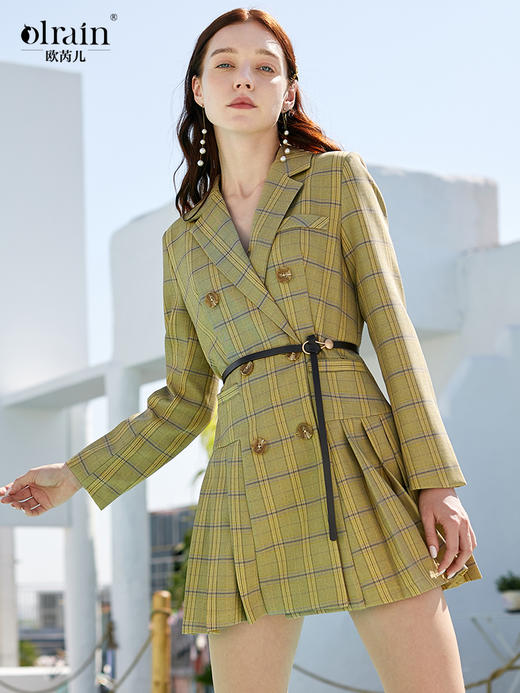 欧芮儿春新款长袖双排扣V领格子西连衣裙女中长款百褶裙 商品图0