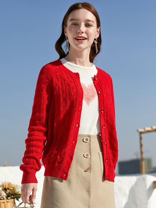 欧芮儿年春新款长袖开衫毛针织衫女宽松镂空红色毛衣内搭 商品图0