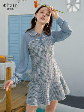 欧芮儿春夏新款长袖雪纺小香风连衣裙女中长款气质鱼尾裙