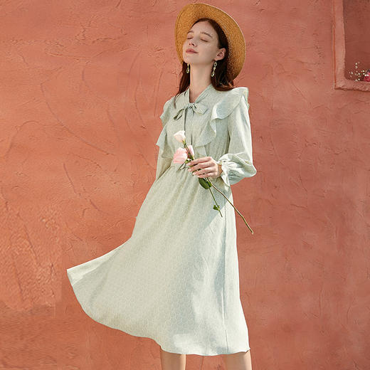 欧芮儿年春新款长袖蝴蝶结绿色印花连衣裙女中长款气质收腰 商品图1