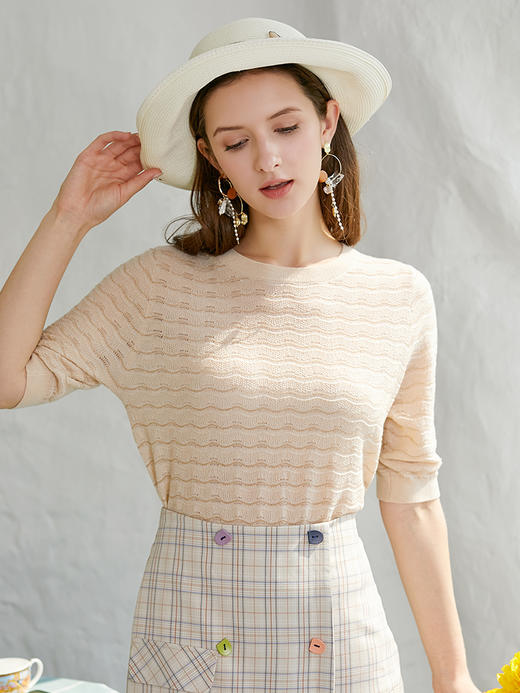 欧芮儿新款圆领短袖毛针织衫女内搭打底肌理气质上衣 商品图2