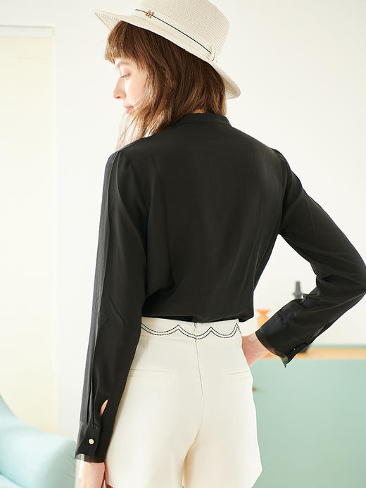 欧芮儿新款长袖黑色V领衬衫女修身显瘦衬衣双排扣上衣 商品图1