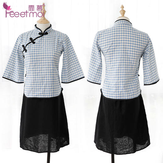 霏慕格子民国学生装七分袖复古制服套装蓝格子7964 商品图7
