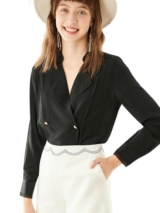 欧芮儿新款长袖黑色V领衬衫女修身显瘦衬衣双排扣上衣 商品图3