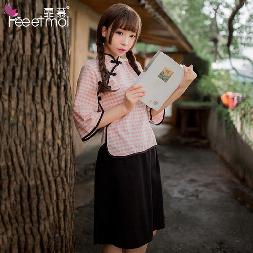 霏慕格子民国学生装七分袖复古制服套装蓝格子7964 商品图1