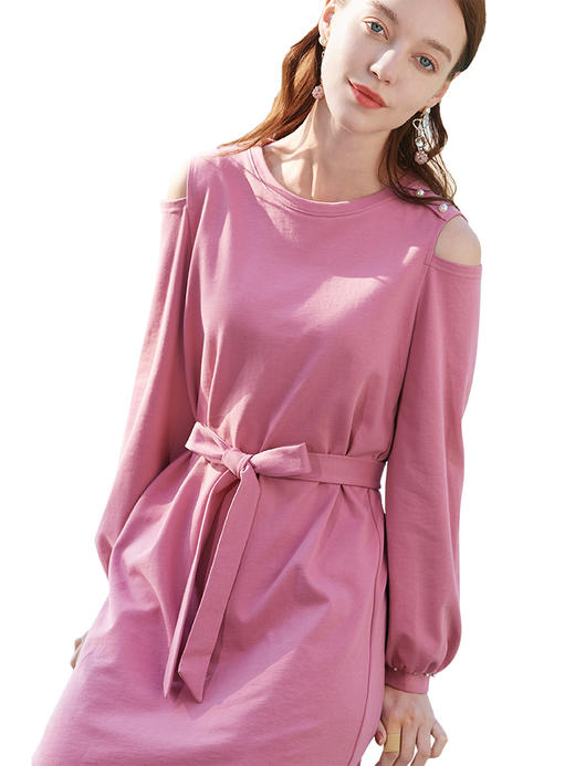 欧芮儿春夏新款长袖圆领粉色系带收腰连衣裙女中长款A字裙 商品图3